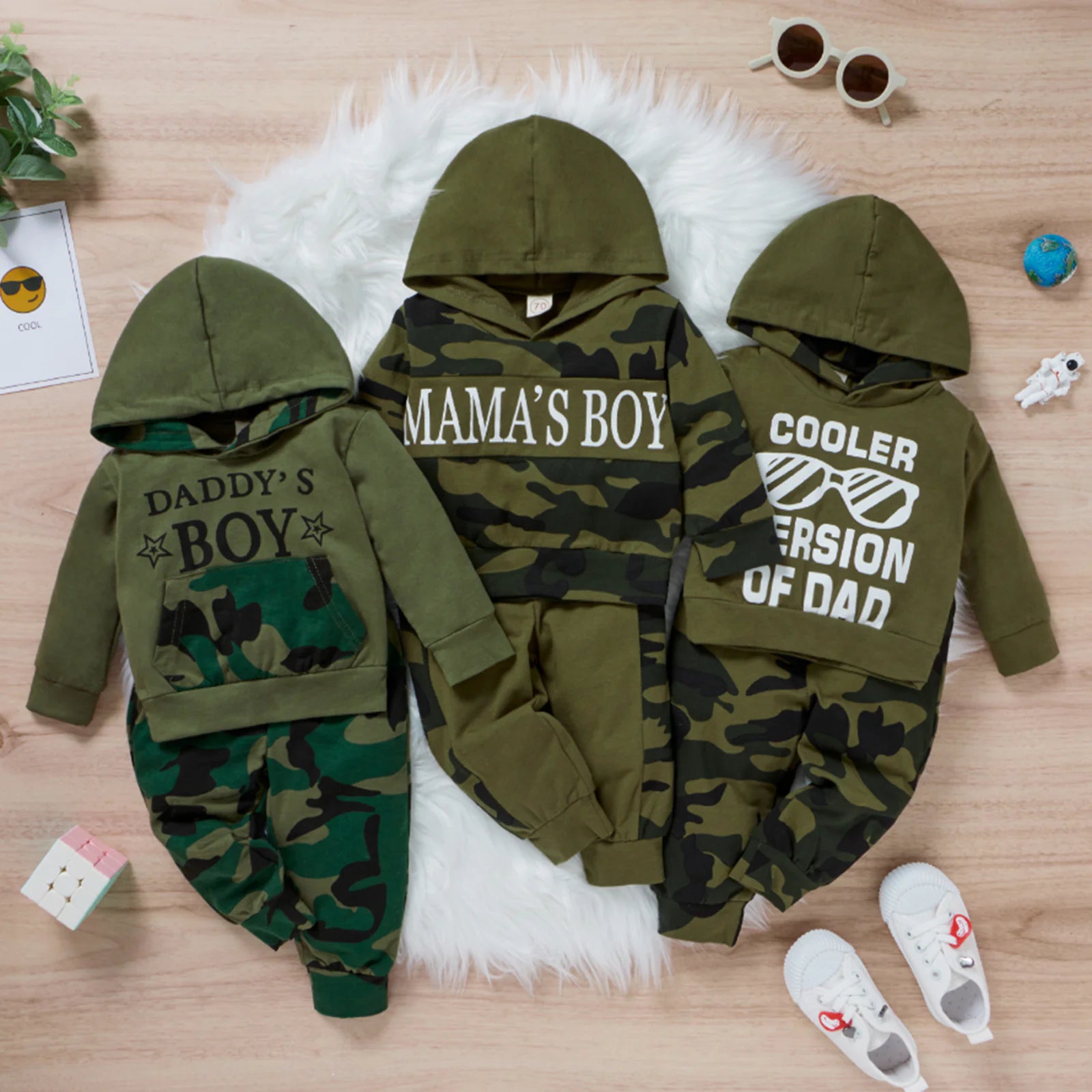 2Pcs Autumn Clothing Set Long Sleeve Letter Printed Hooded Top Camou Pants - Aulus