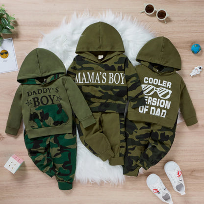 2Pcs Autumn Clothing Set Long Sleeve Letter Printed Hooded Top Camou Pants - Aulus